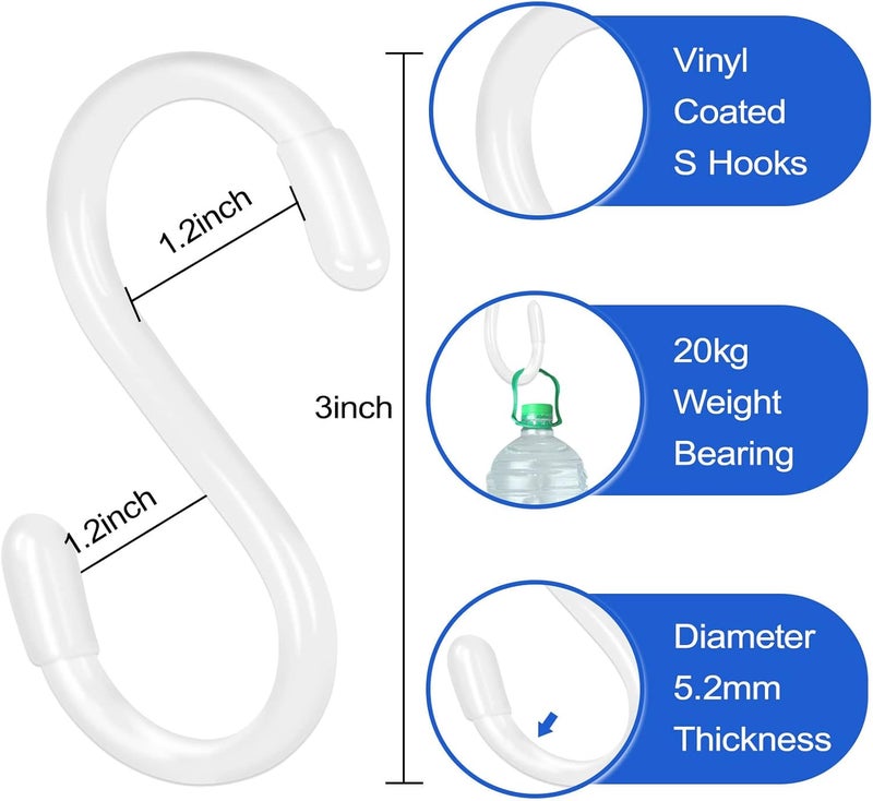 DINGEE 30 Pack 3 Inch White S Hooks,Vinyl Coated Heavy Duty S Hook for Hanging Plants,Non Slip Closet S Hooks,Steel Metal White Vinyl Coated Small S Hook for Hanging Jeans Pots and Pans Coffee Cups - Image 2